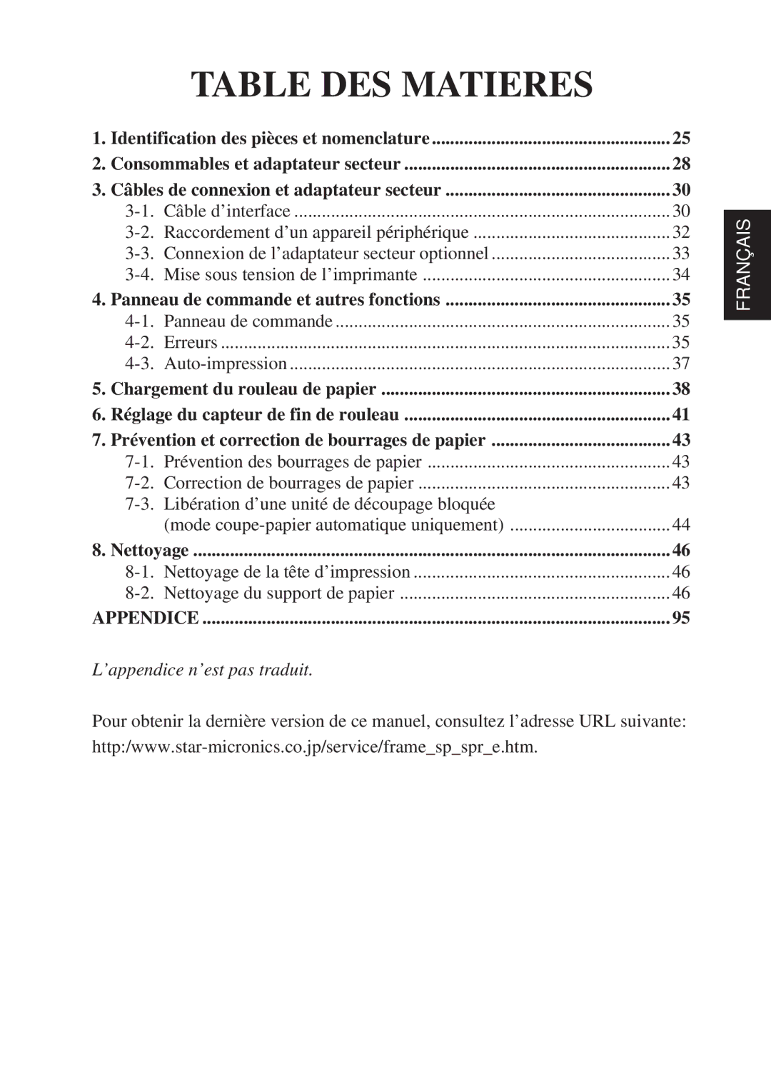 Star Micronics TSP600 user manual Table DES Matieres 