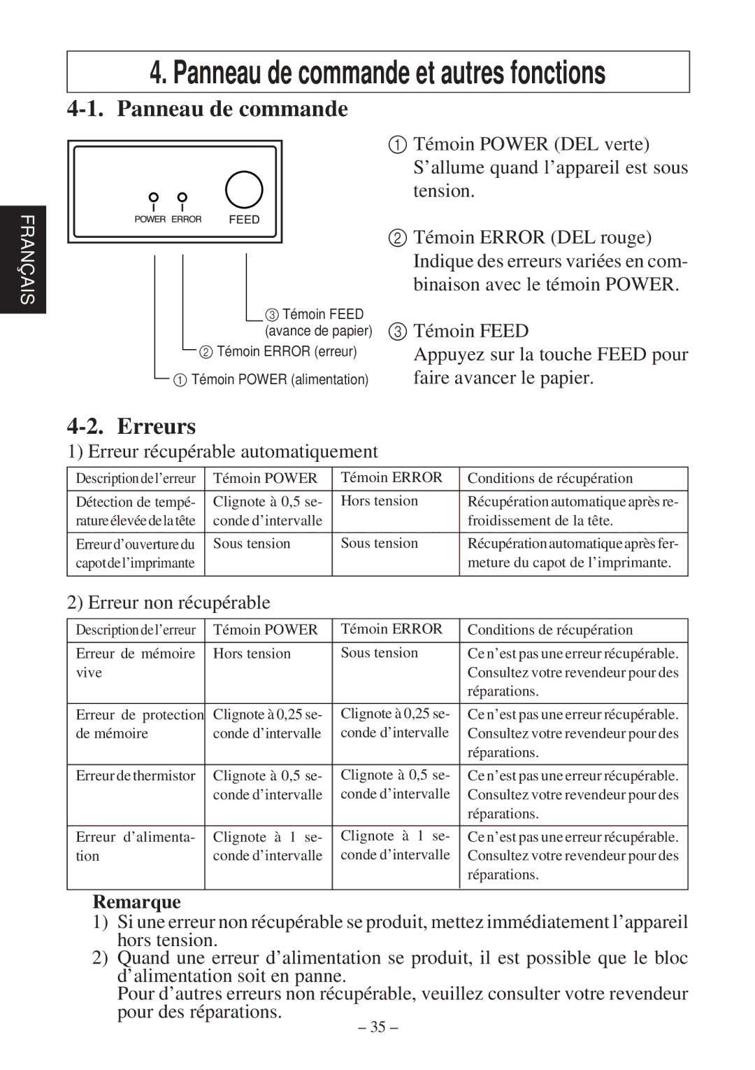 Star Micronics TSP600 Panneau de commande, Erreurs, Erreur récupérable automatiquement, Erreur non récupérable, Remarque 