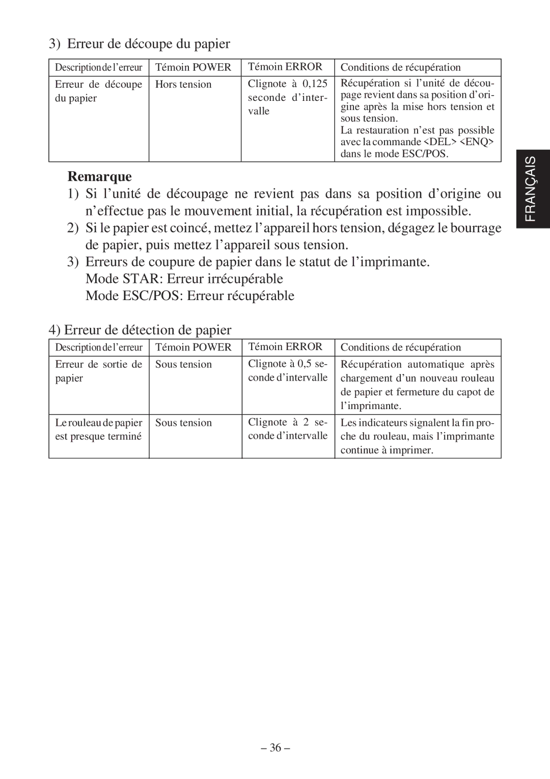 Star Micronics TSP600 user manual Erreur de découpe du papier 