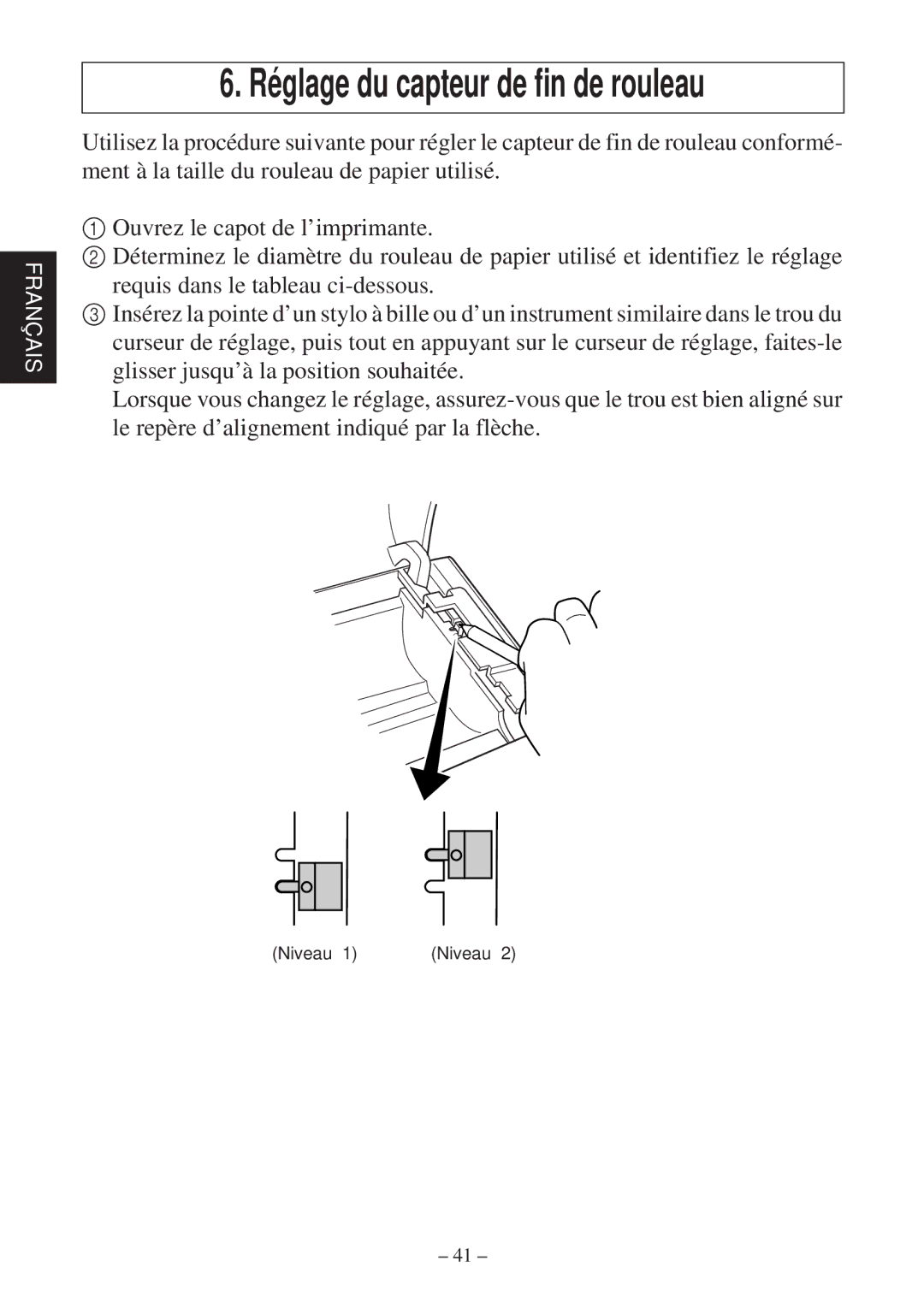 Star Micronics TSP600 user manual Réglage du capteur de fin de rouleau 