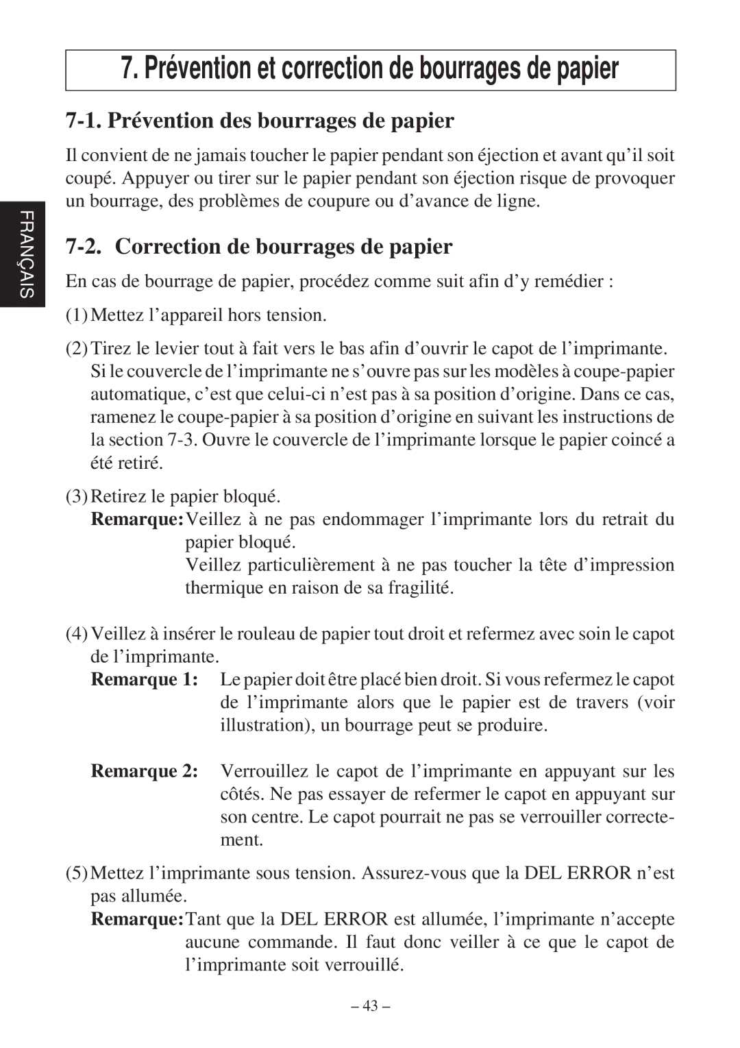 Star Micronics TSP600 user manual Prévention des bourrages de papier, Correction de bourrages de papier 