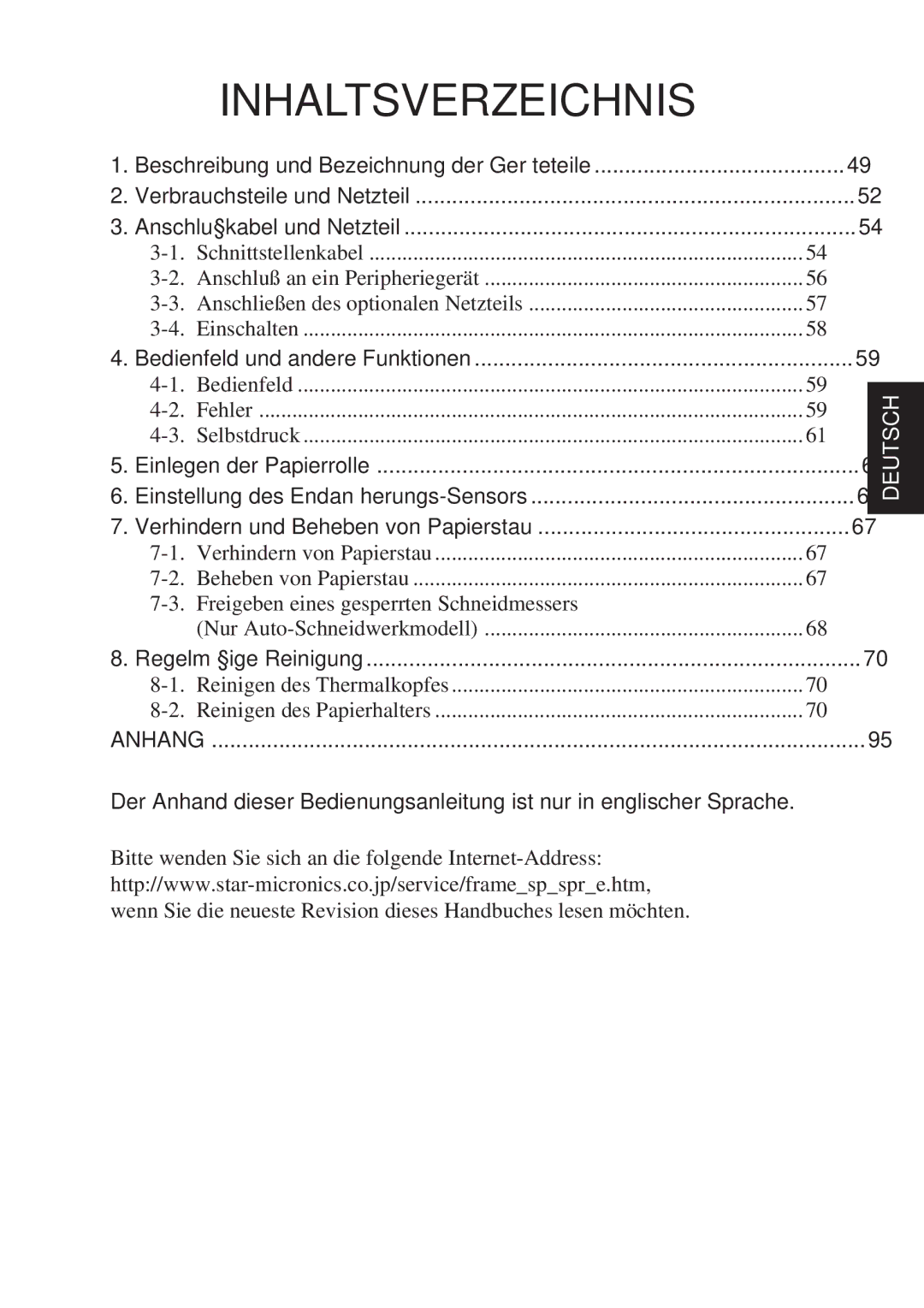 Star Micronics TSP600 user manual Inhaltsverzeichnis 