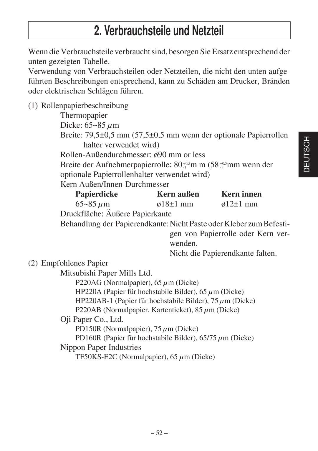 Star Micronics TSP600 user manual Verbrauchsteile und Netzteil, Papierdicke Kern außen 