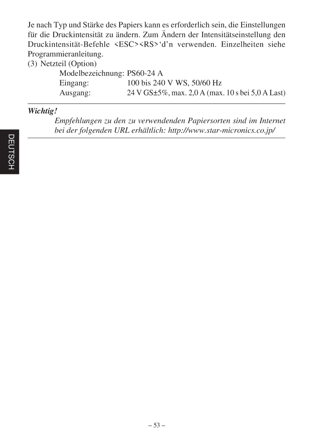 Star Micronics TSP600 user manual Wichtig 