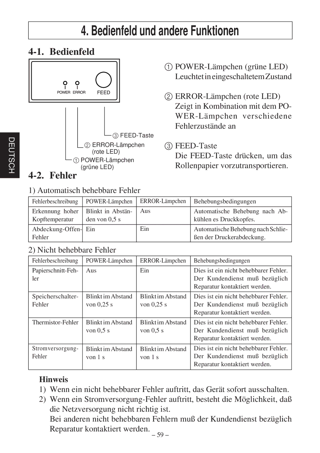 Star Micronics TSP600 user manual Bedienfeld, Automatisch behebbare Fehler, Nicht behebbare Fehler, Hinweis 