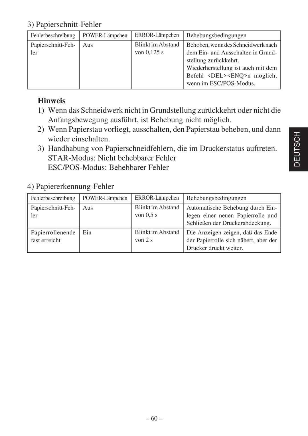 Star Micronics TSP600 user manual Papierschnitt-Fehler 