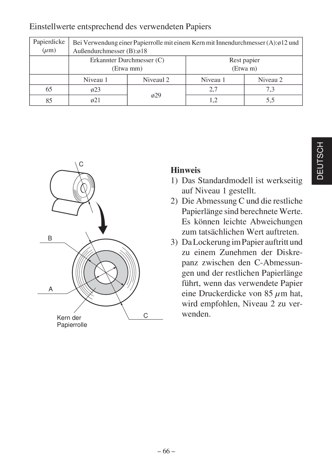 Star Micronics TSP600 user manual Einstellwerte entsprechend des verwendeten Papiers 