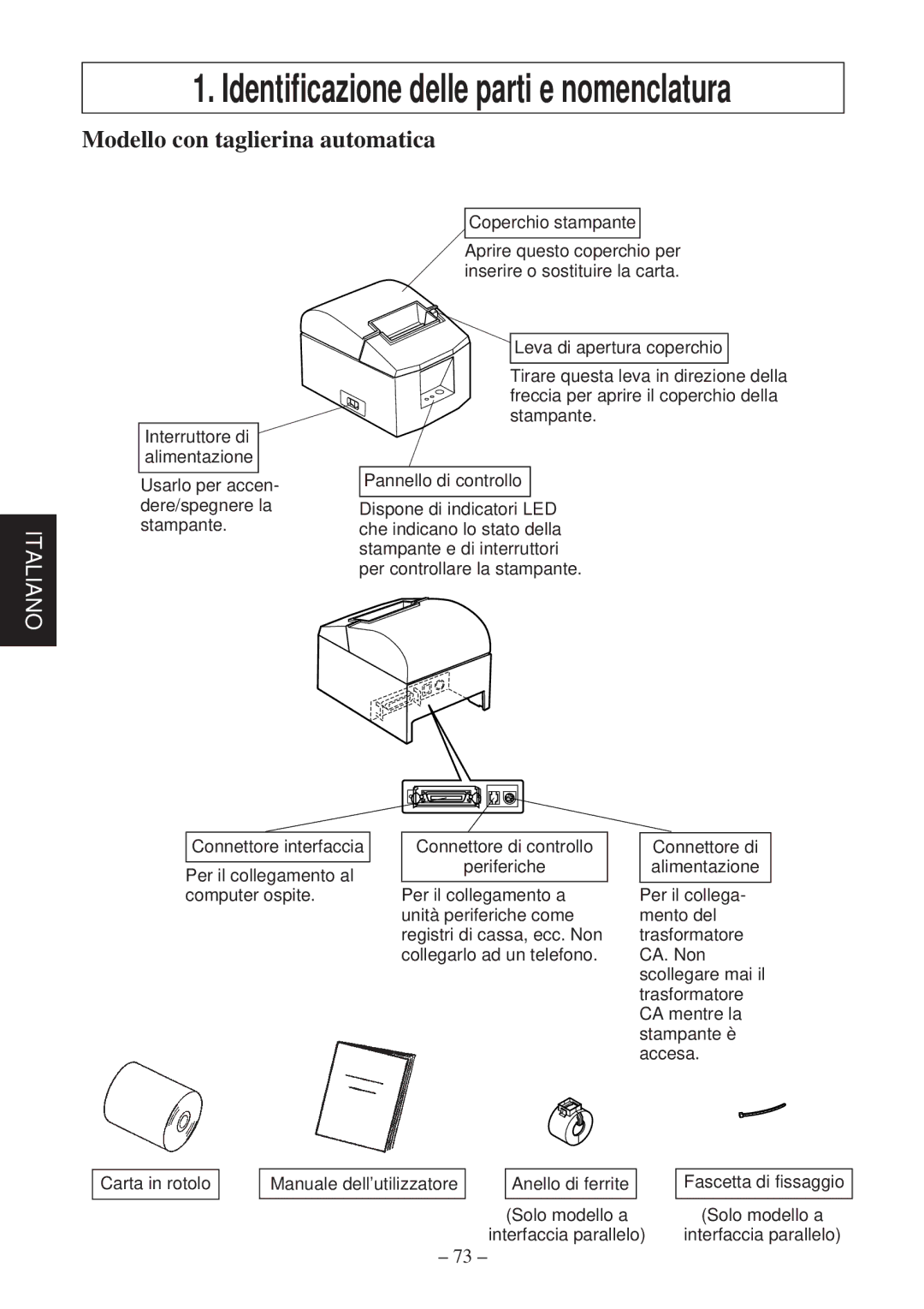 Star Micronics TSP600 user manual Identificazione delle parti e nomenclatura, Modello con taglierina automatica 