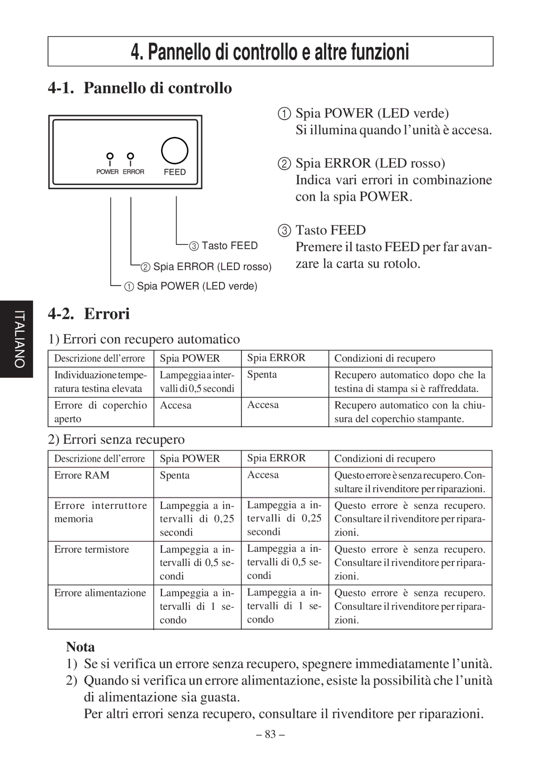 Star Micronics TSP600 user manual Pannello di controllo e altre funzioni, Errori, Nota 