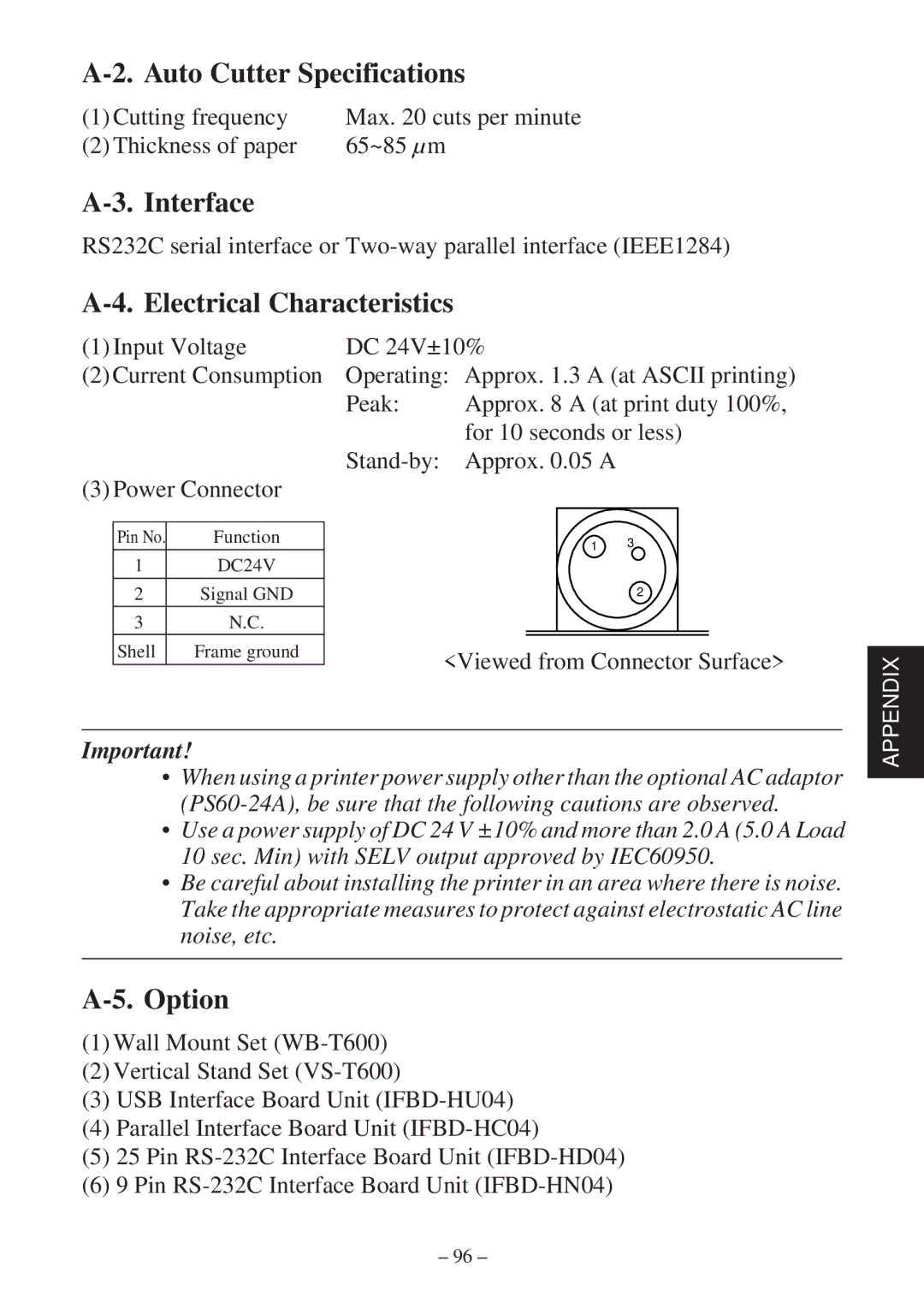 Star Micronics TSP600 user manual Auto Cutter Specifications, Interface, Electrical Characteristics, Option 