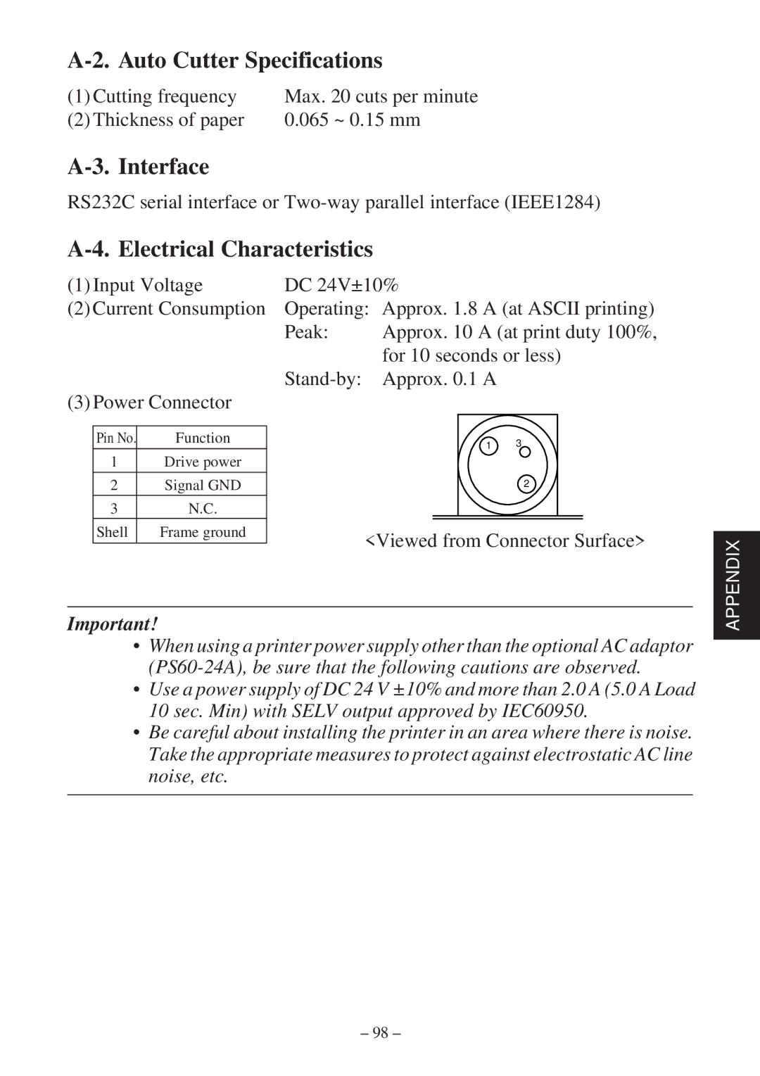 Star Micronics TSP800 user manual Auto Cutter Specifications, Interface, Electrical Characteristics 