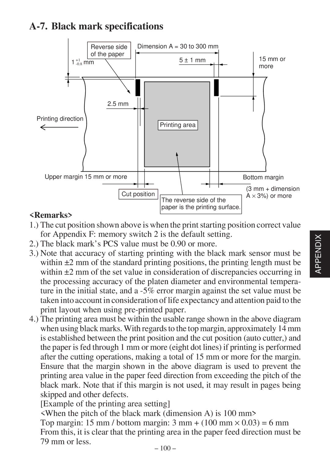 Star Micronics TSP800 user manual Black mark specifications, Remarks 