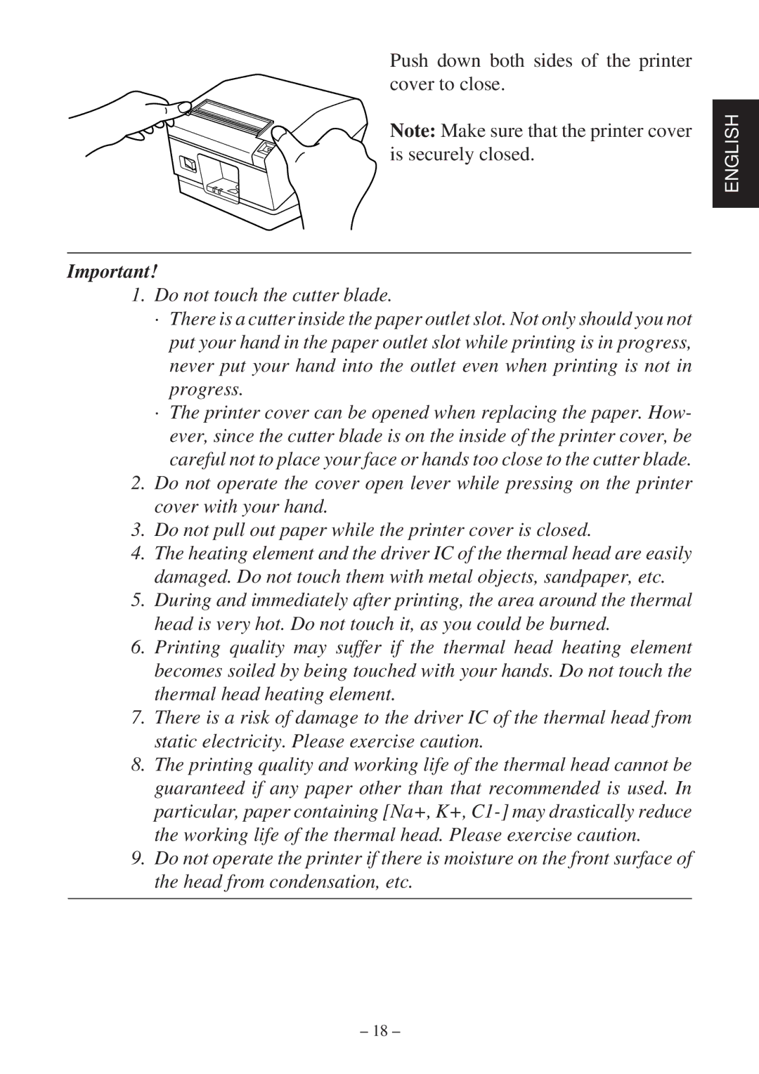 Star Micronics TSP800 user manual Push down both sides of the printer cover to close 