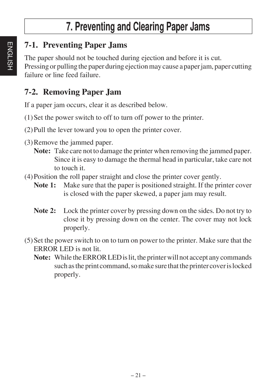 Star Micronics TSP800 user manual Preventing Paper Jams, Removing Paper Jam 