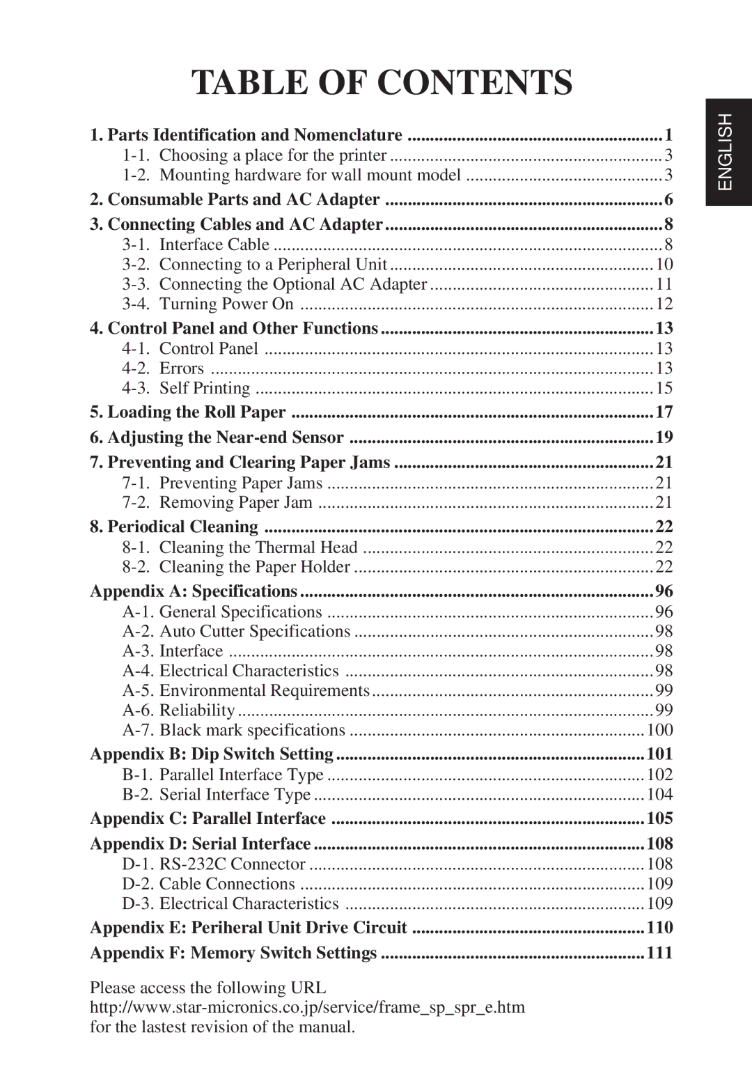 Star Micronics TSP800 user manual Table of Contents 