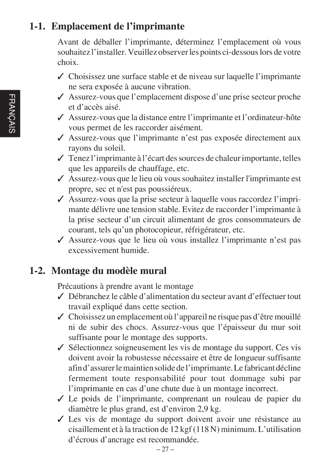 Star Micronics TSP800 user manual Emplacement de l’imprimante, Montage du modèle mural 