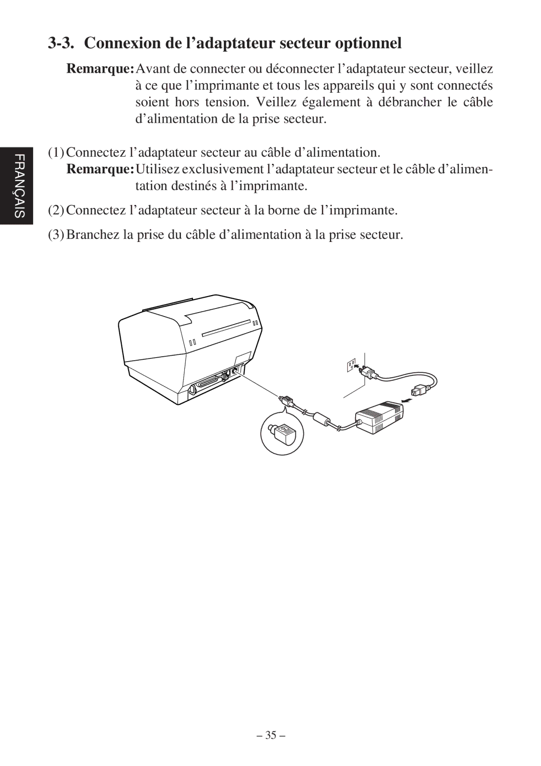 Star Micronics TSP800 user manual Connexion de l’adaptateur secteur optionnel 