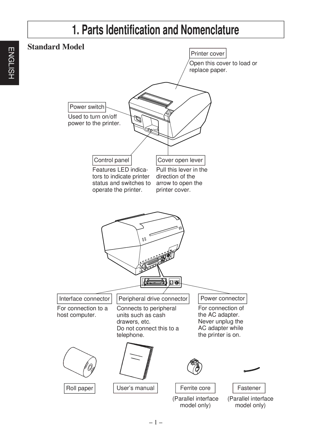 Star Micronics TSP800 user manual Parts Identification and Nomenclature, Standard Model 