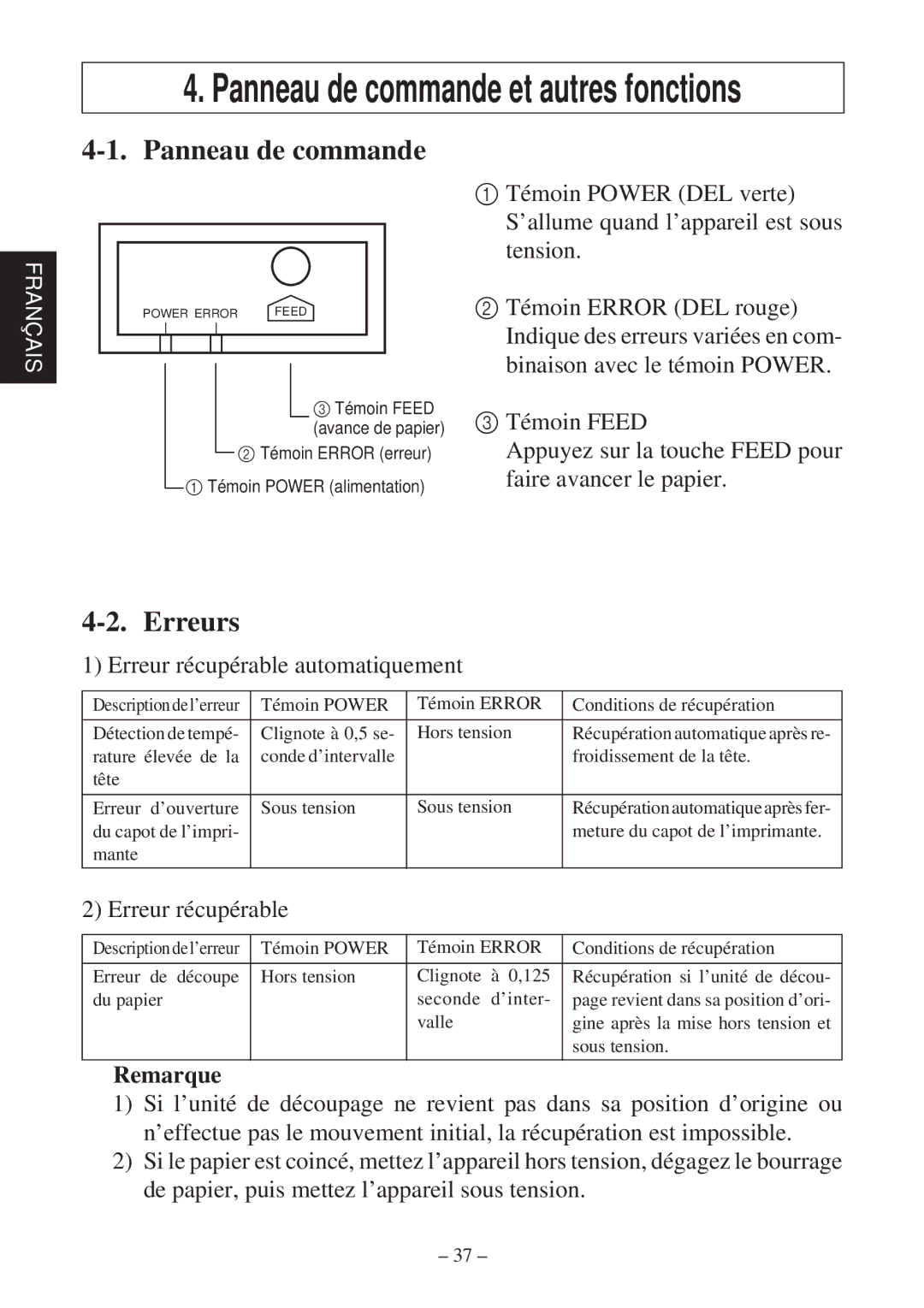 Star Micronics TSP800 user manual Panneau de commande, Erreurs, Erreur récupérable automatiquement, Remarque 