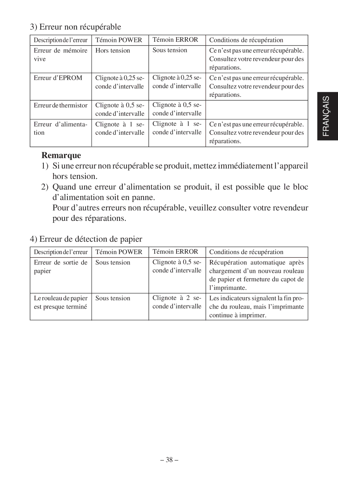 Star Micronics TSP800 user manual Erreur non récupérable, Erreur de détection de papier 