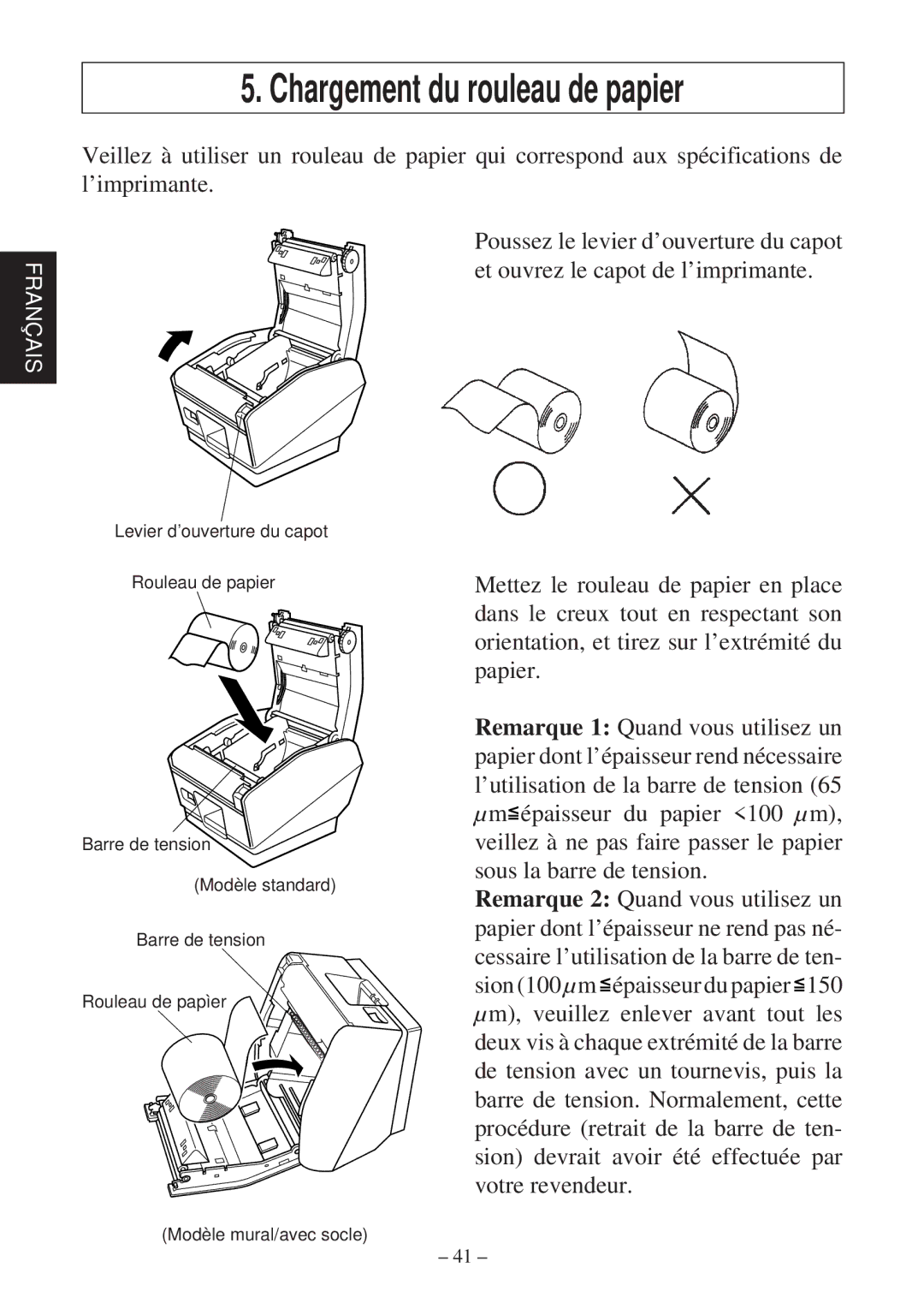 Star Micronics TSP800 user manual Chargement du rouleau de papier 