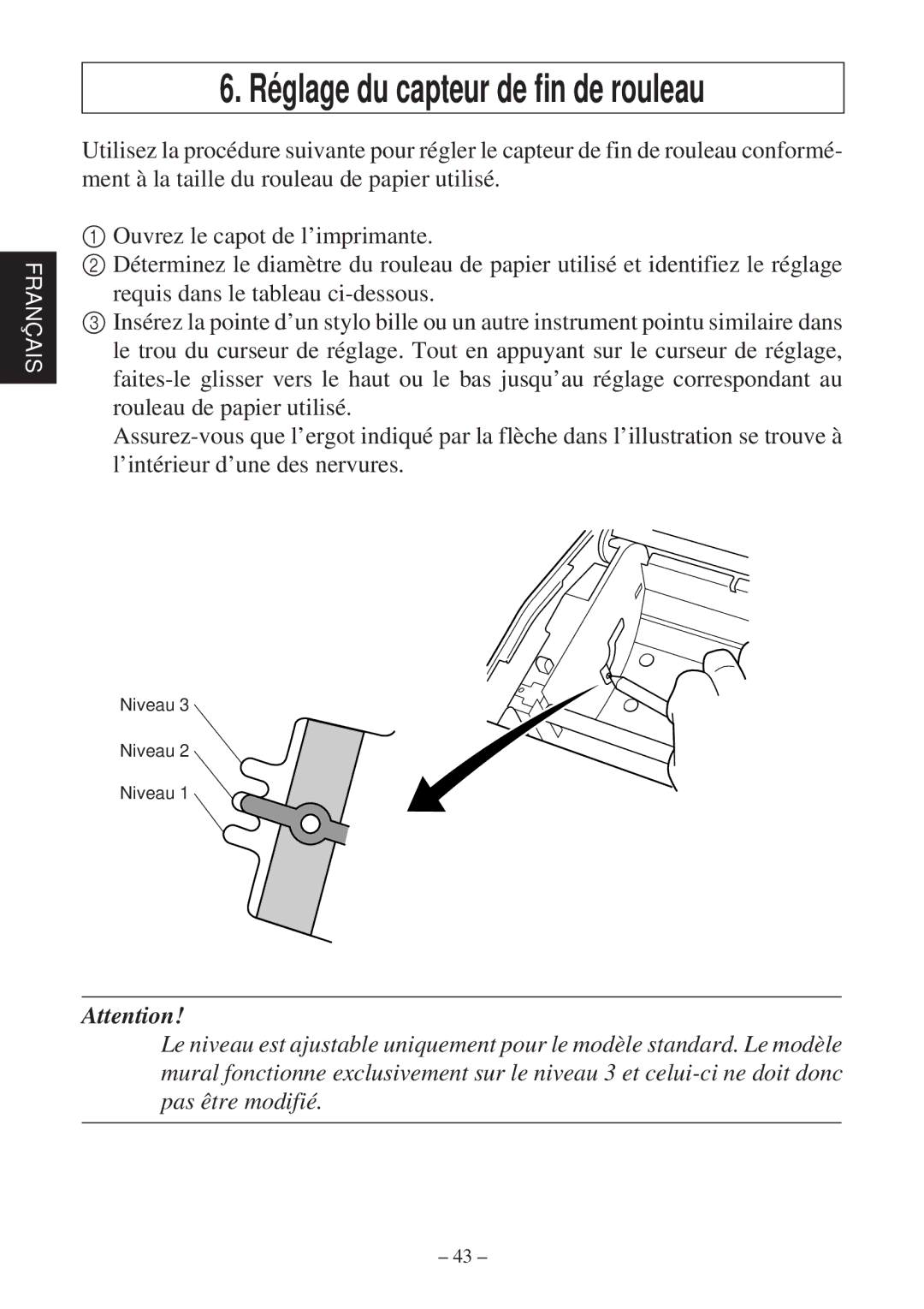 Star Micronics TSP800 user manual Réglage du capteur de fin de rouleau 