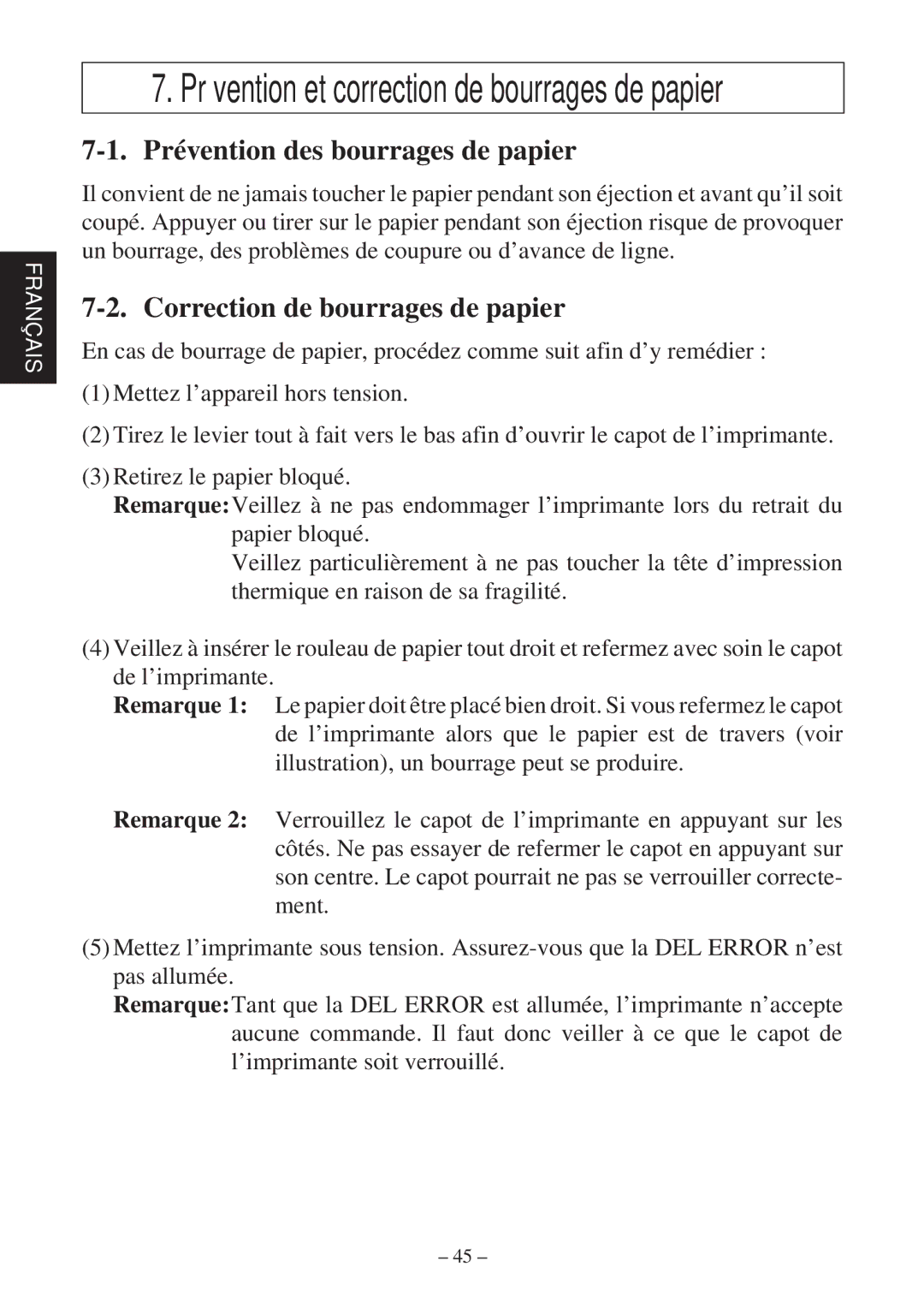 Star Micronics TSP800 user manual Prévention des bourrages de papier, Correction de bourrages de papier 