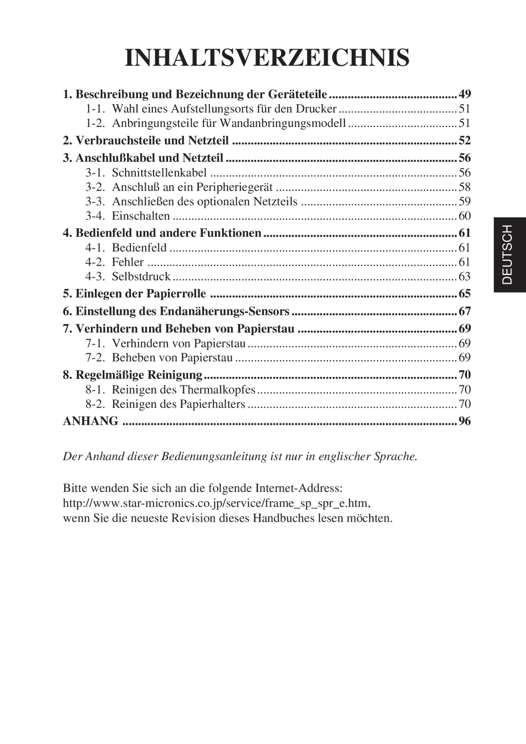 Star Micronics TSP800 user manual Inhaltsverzeichnis 