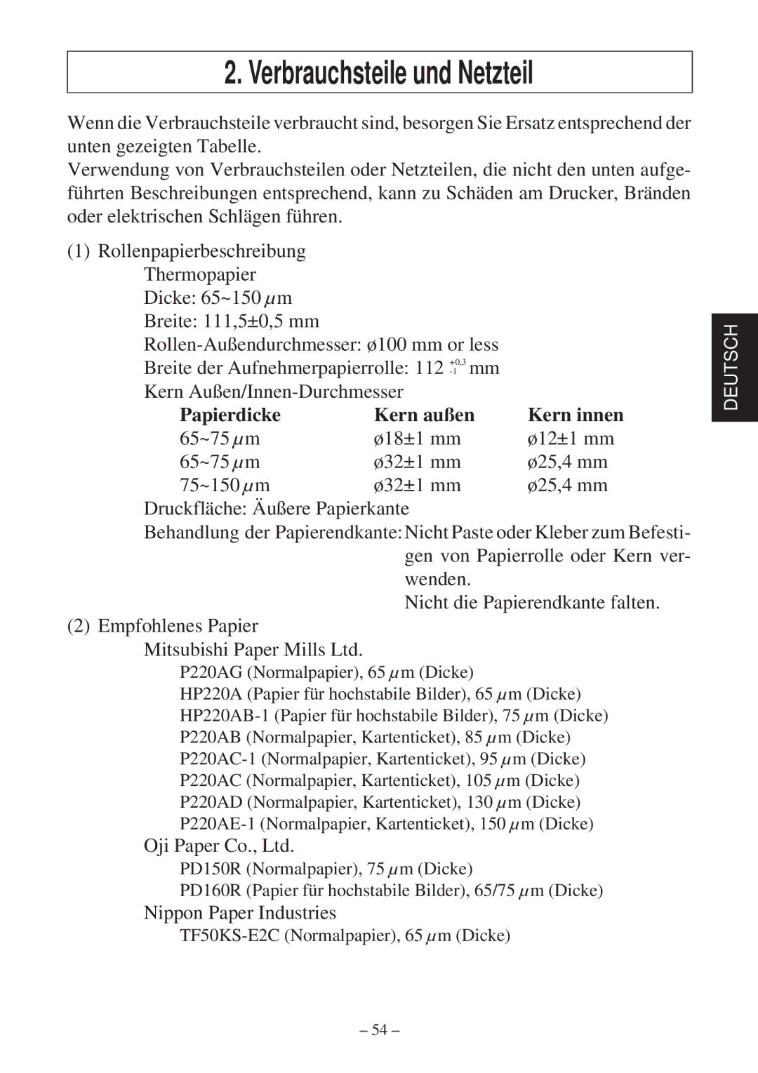 Star Micronics TSP800 user manual Verbrauchsteile und Netzteil, Papierdicke Kern außen 