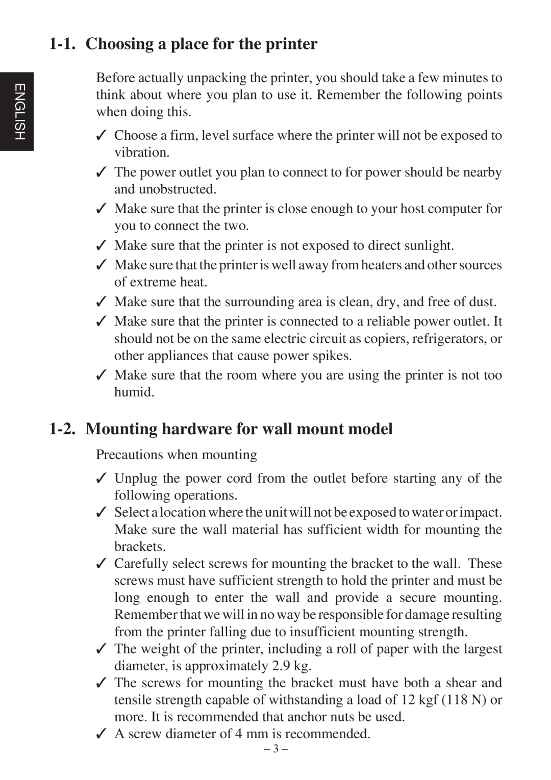 Star Micronics TSP800 user manual Choosing a place for the printer, Mounting hardware for wall mount model 