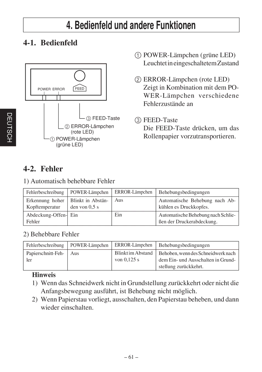 Star Micronics TSP800 user manual Bedienfeld, Automatisch behebbare Fehler, Behebbare Fehler, Hinweis 