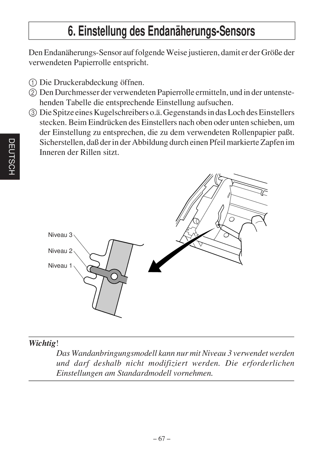 Star Micronics TSP800 user manual Einstellung des Endanäherungs-Sensors 