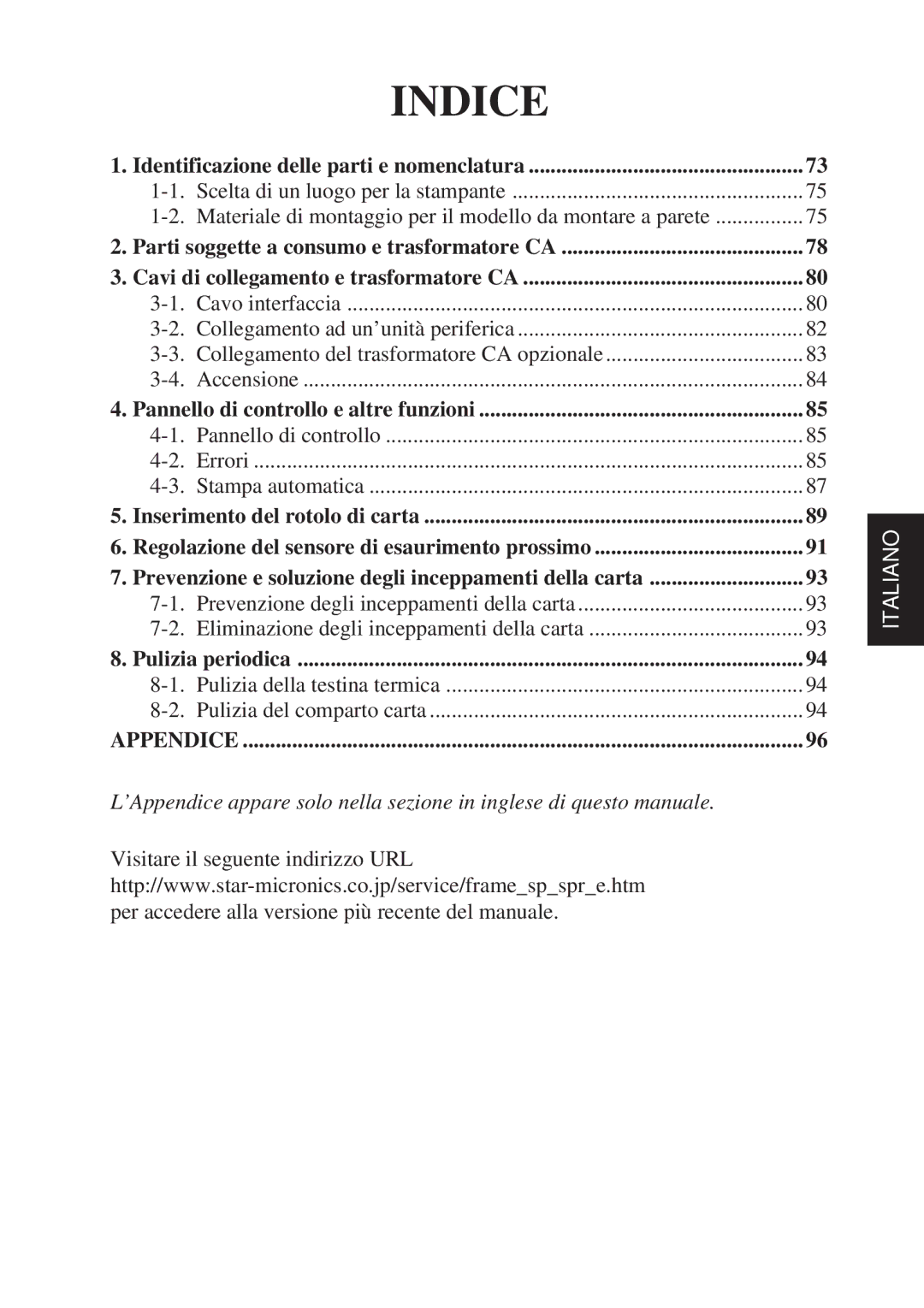 Star Micronics TSP800 user manual Indice 