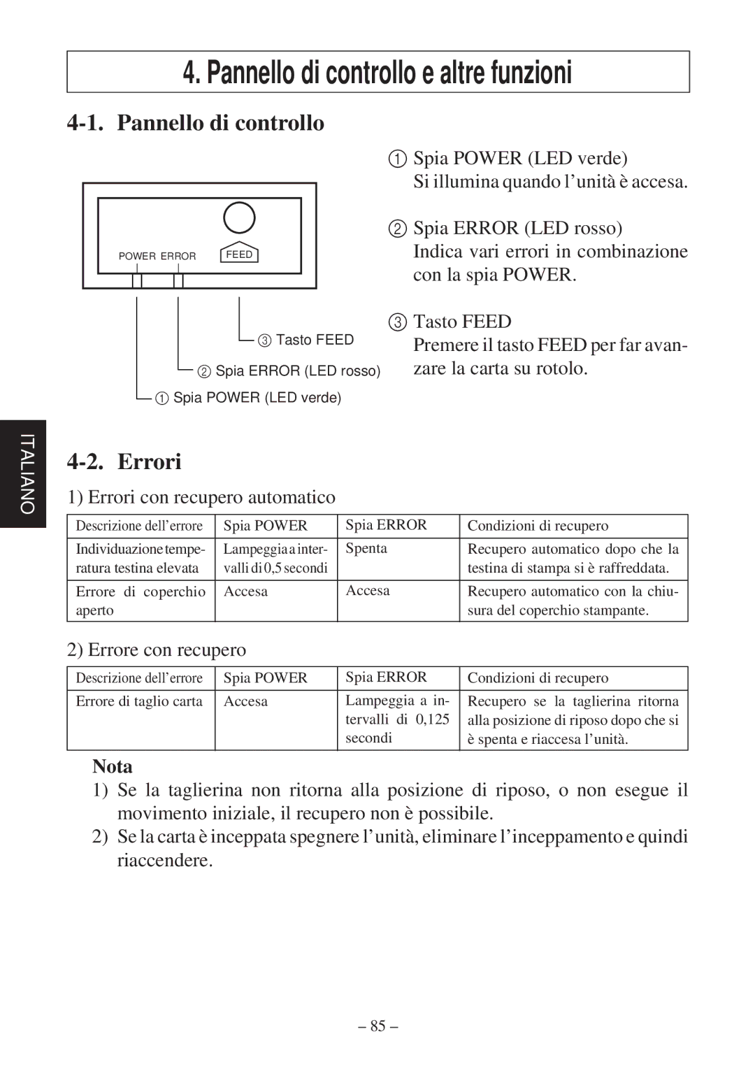 Star Micronics TSP800 user manual Pannello di controllo, Errori, Nota 