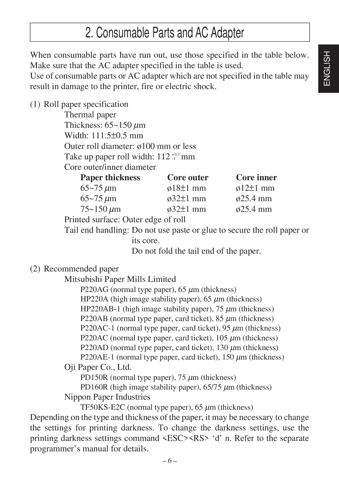 Star Micronics TSP800 user manual Paper thickness Core outer, Nippon Paper Industries 