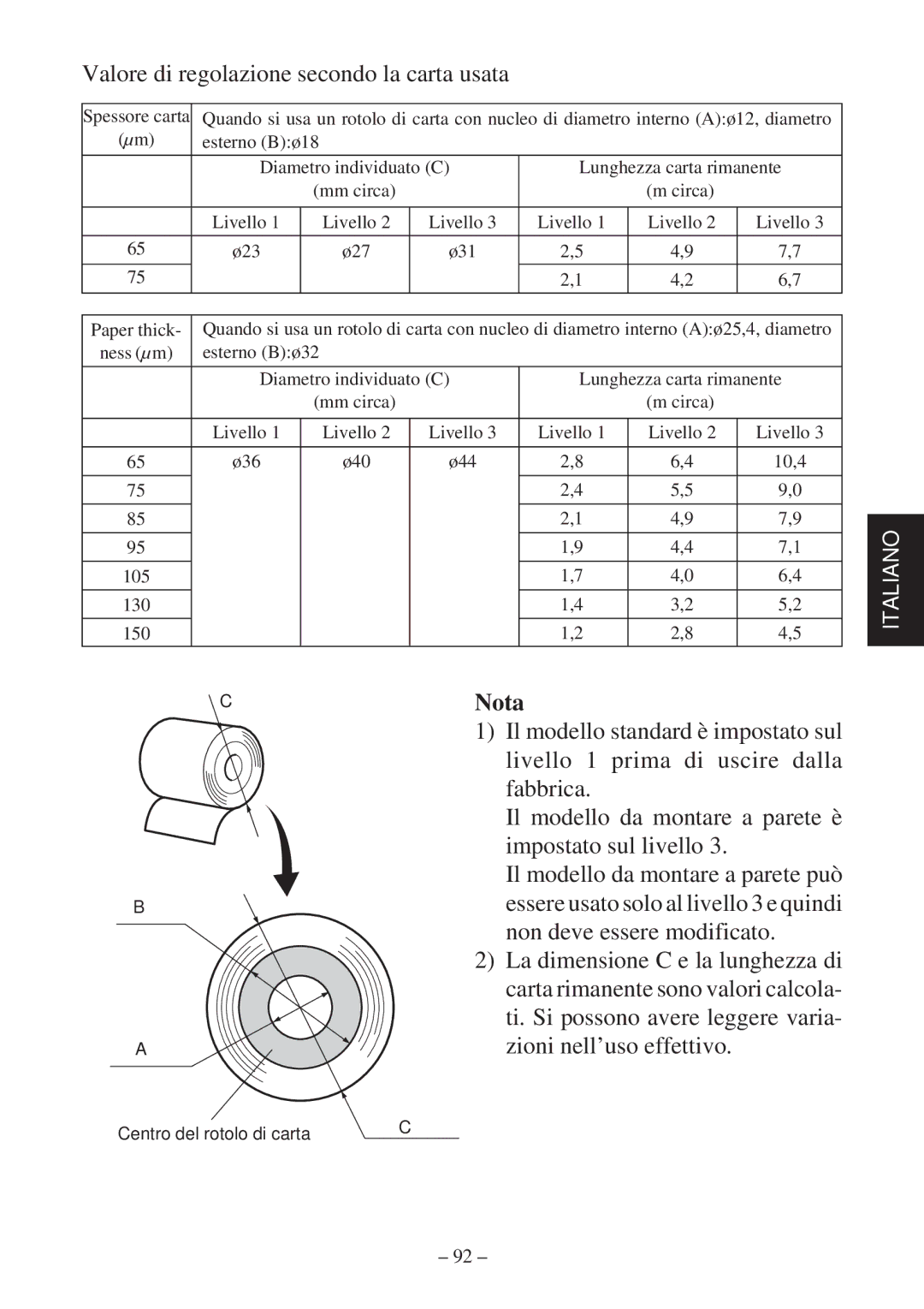 Star Micronics TSP800 user manual Valore di regolazione secondo la carta usata, Nota 