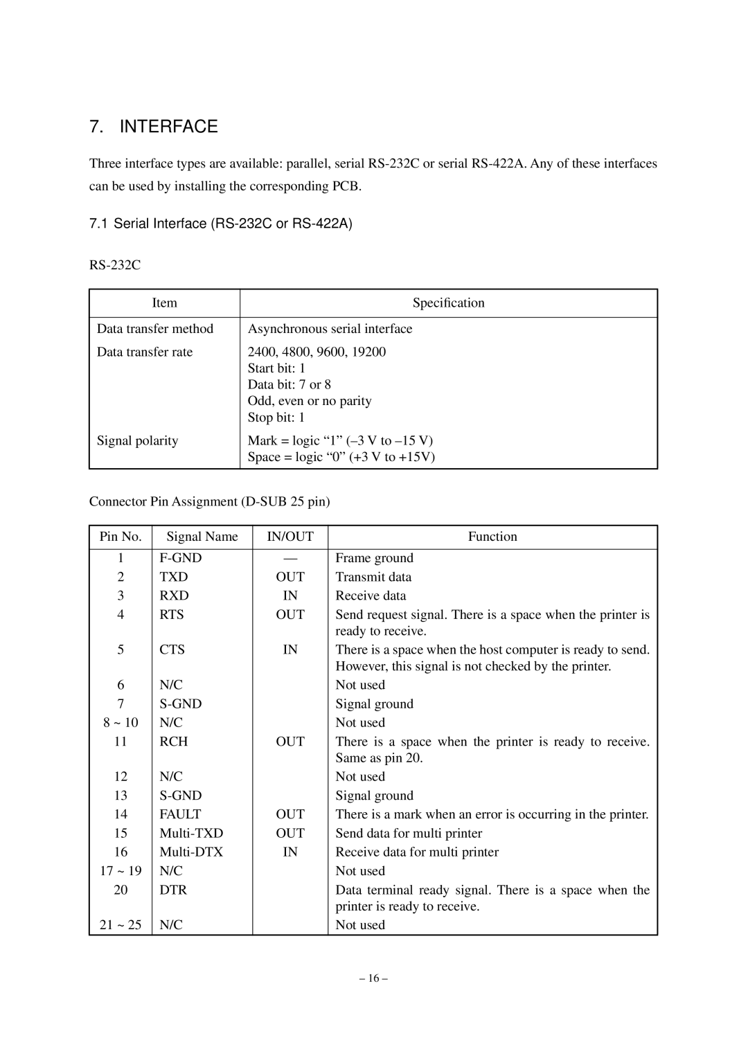 Star Micronics TUP452-24, TUP482-24 operation manual Serial Interface RS-232C or RS-422A 