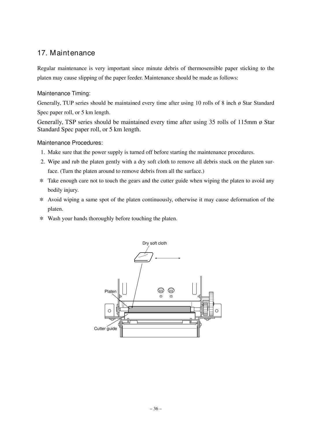 Star Micronics TUP452-24, TUP482-24 operation manual Maintenance Timing, Maintenance Procedures 