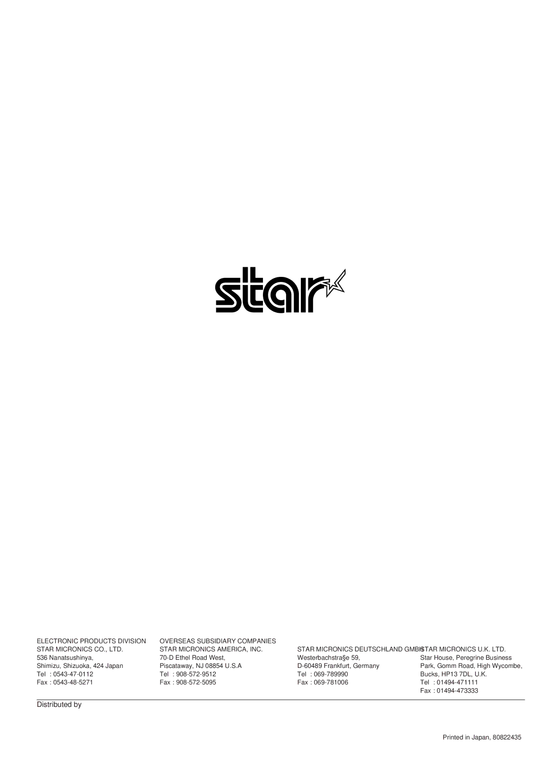 Star Micronics TUP452-24, TUP482-24 operation manual Distributed by 