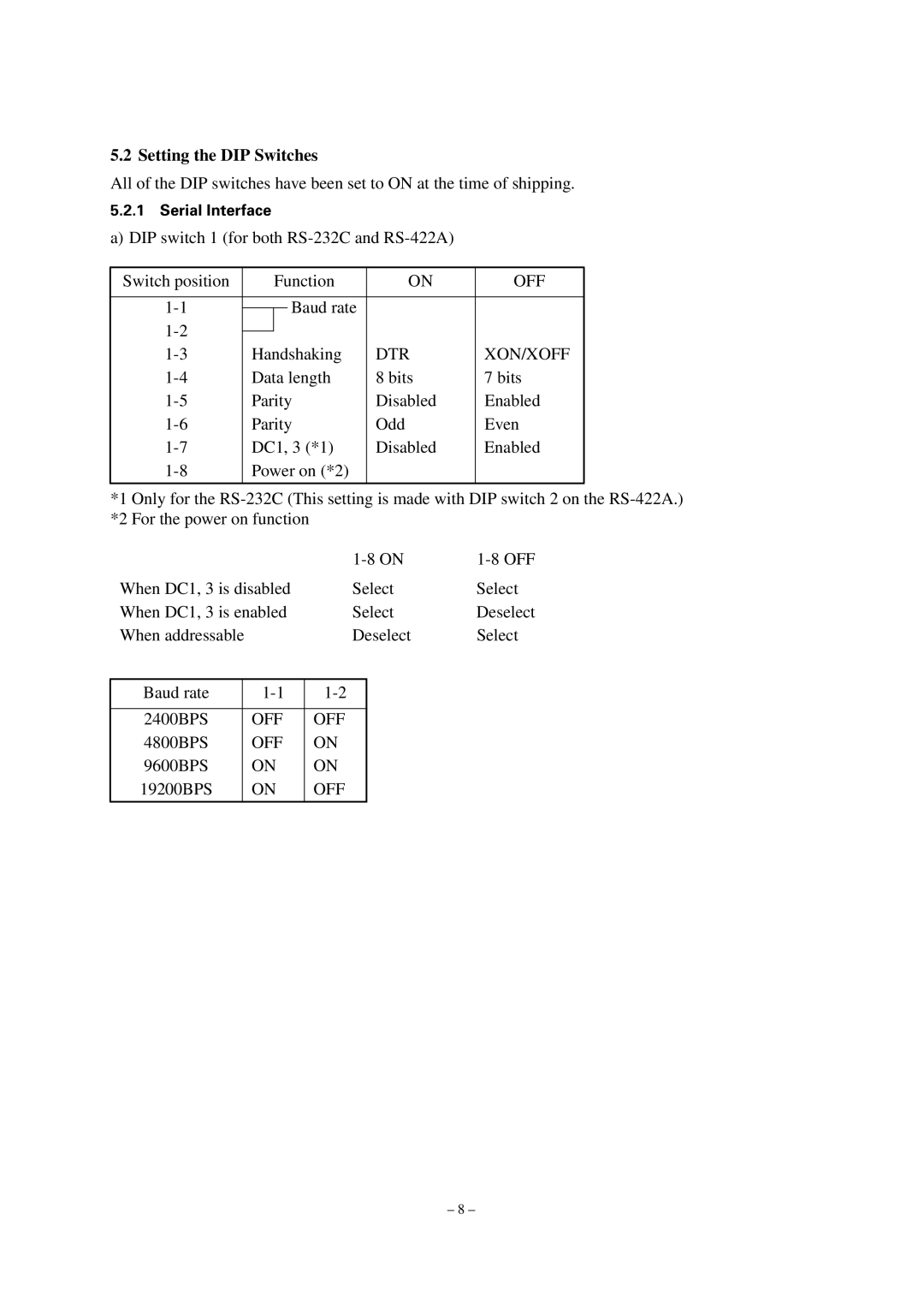 Star Micronics TUP492-24 operation manual Setting the DIP Switches, Off, Dtr Xon/Xoff 