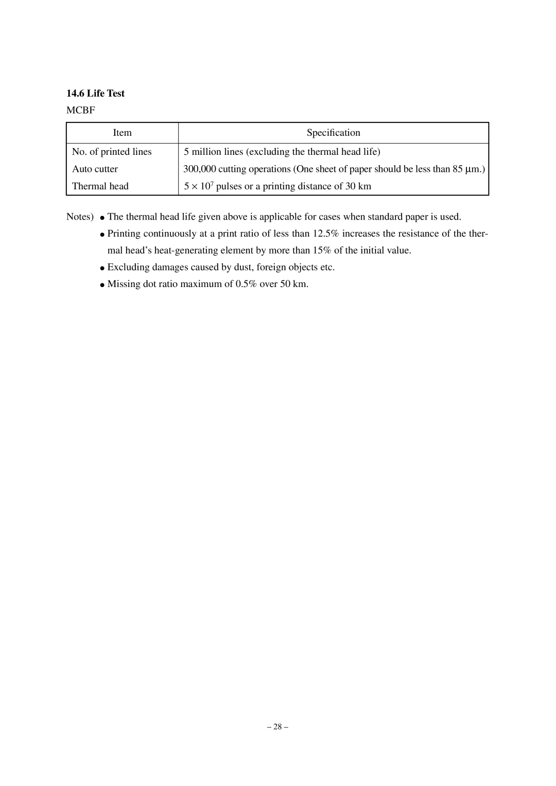 Star Micronics TUP492-24 operation manual Life Test, Mcbf 