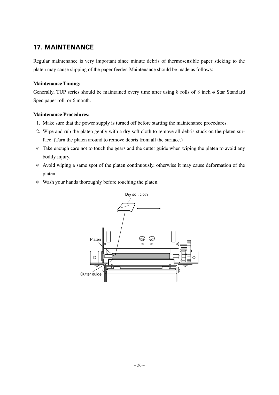 Star Micronics TUP492-24 operation manual Maintenance Timing, Maintenance Procedures 