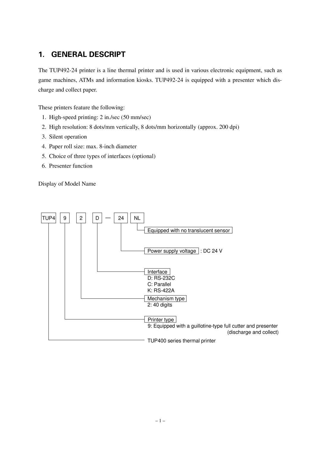 Star Micronics TUP492-24 operation manual General Descript 