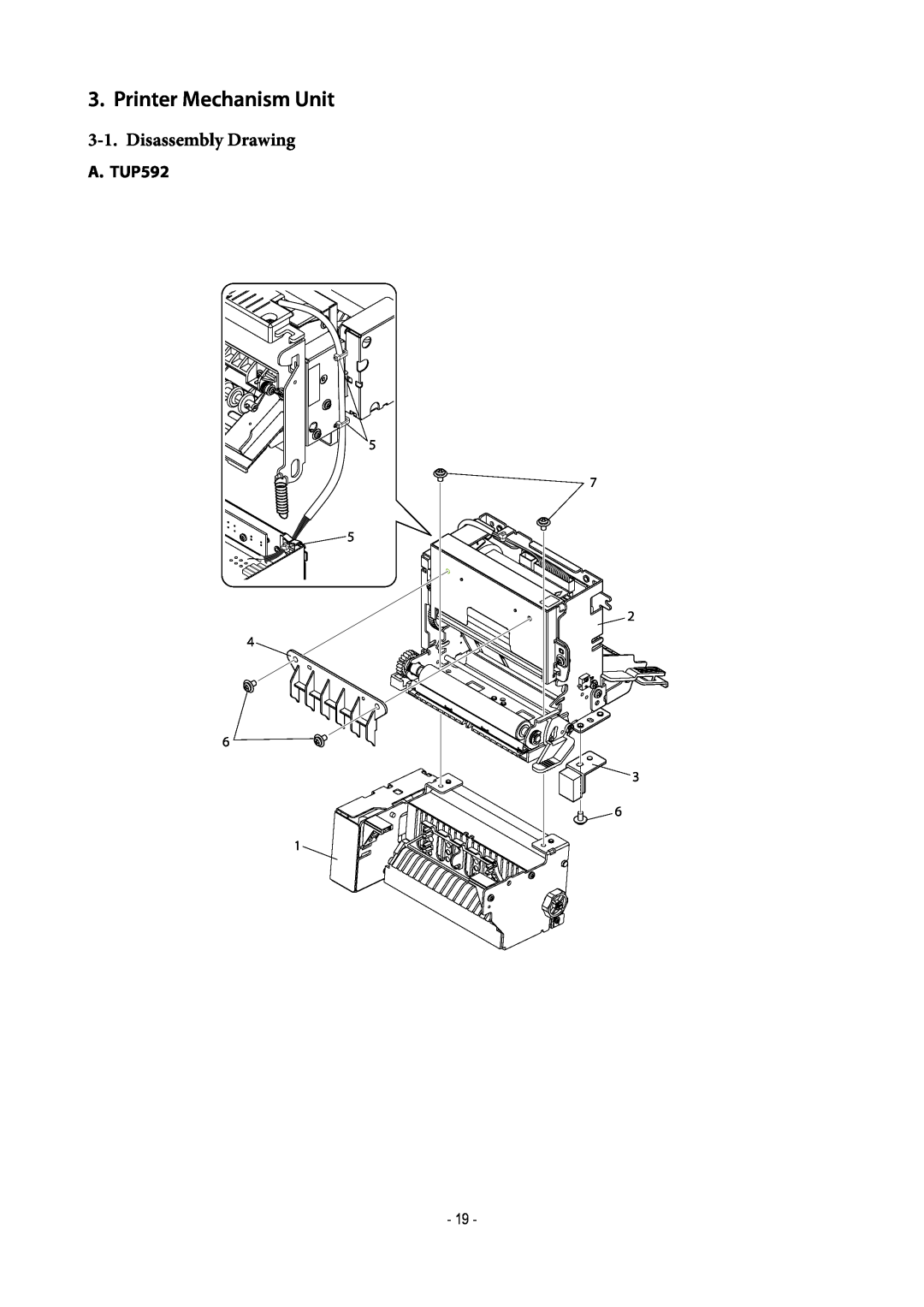 Star Micronics TUP500 technical manual Printer Mechanism Unit, Disassembly Drawing 