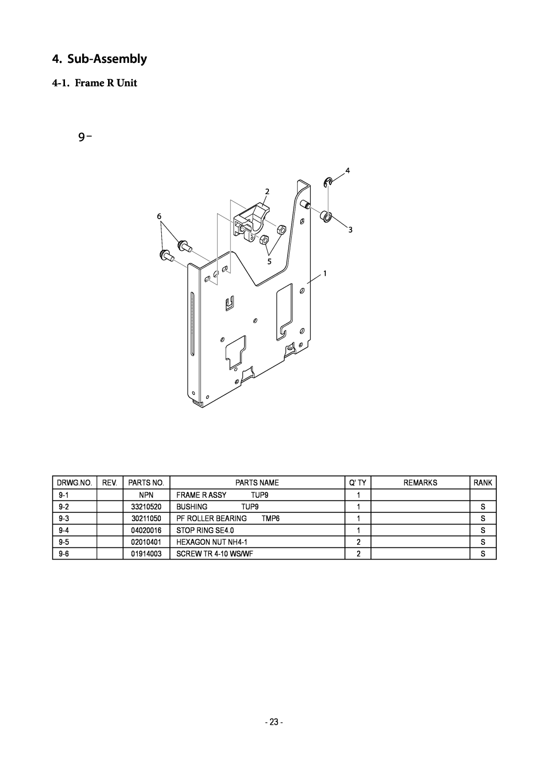 Star Micronics TUP500 technical manual Sub-Assembly, Frame R Unit 