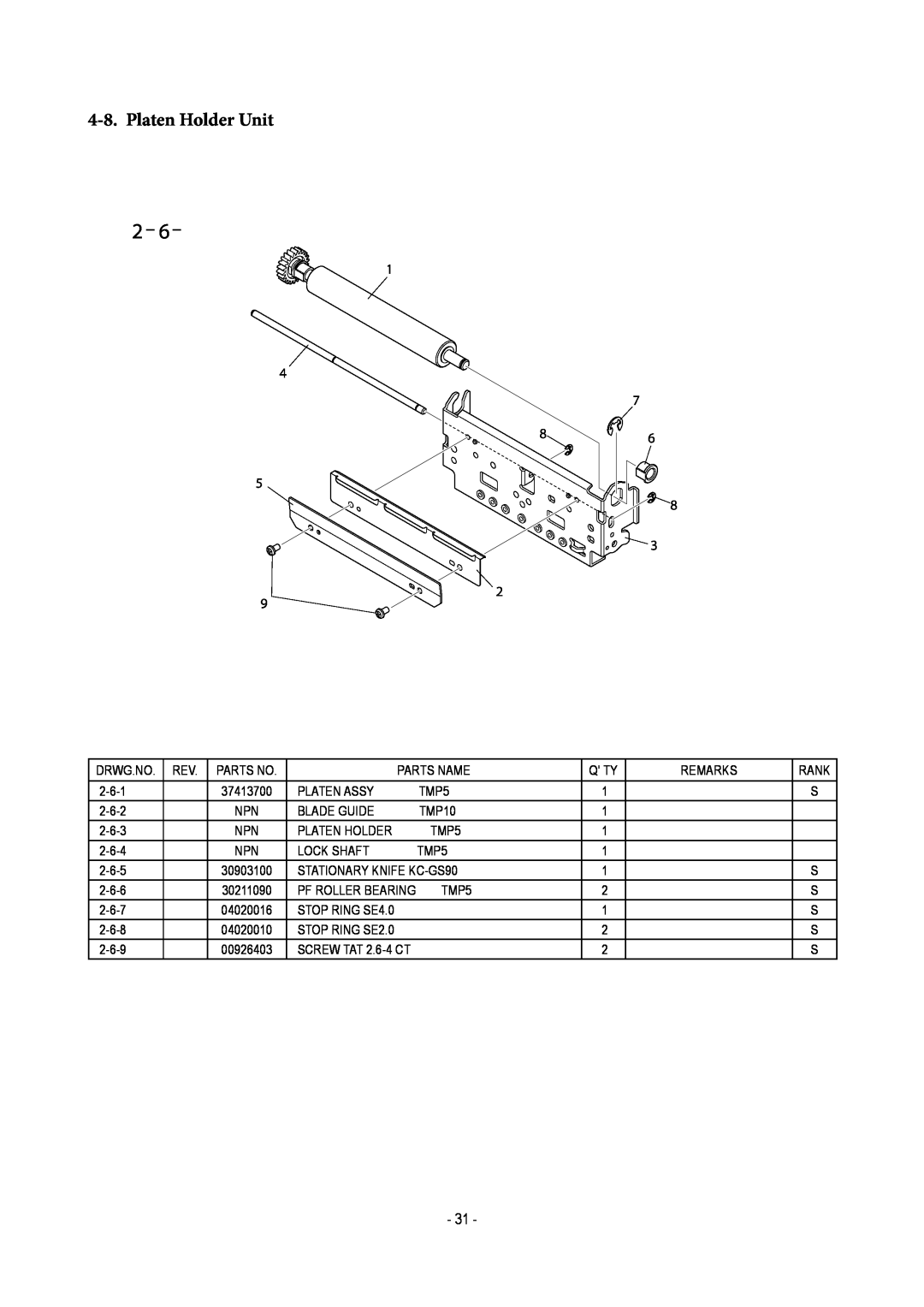 Star Micronics TUP500 technical manual 2 - 6 ­, Platen Holder Unit 