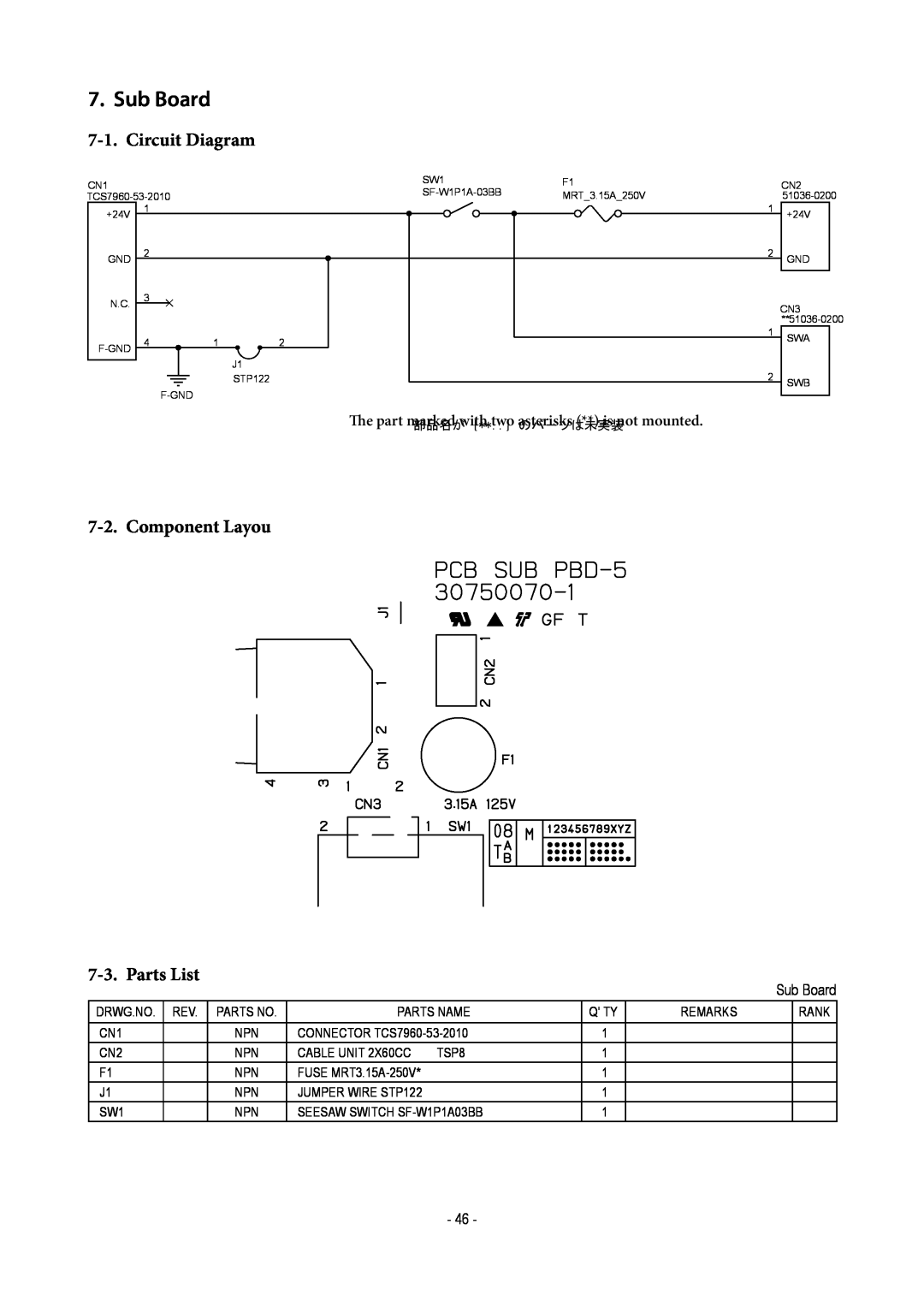 Star Micronics TUP500 technical manual Sub Board, Circuit Diagram, Component Layou, Parts List 