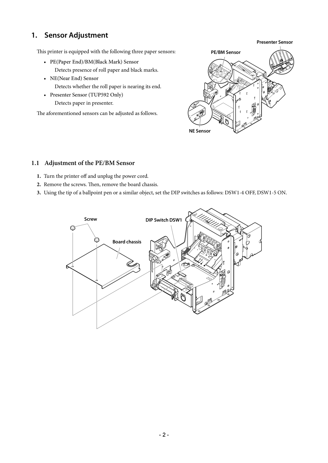 Star Micronics TUP500 technical manual Adjustment of the PE/BM Sensor, Sensor Adjustment 