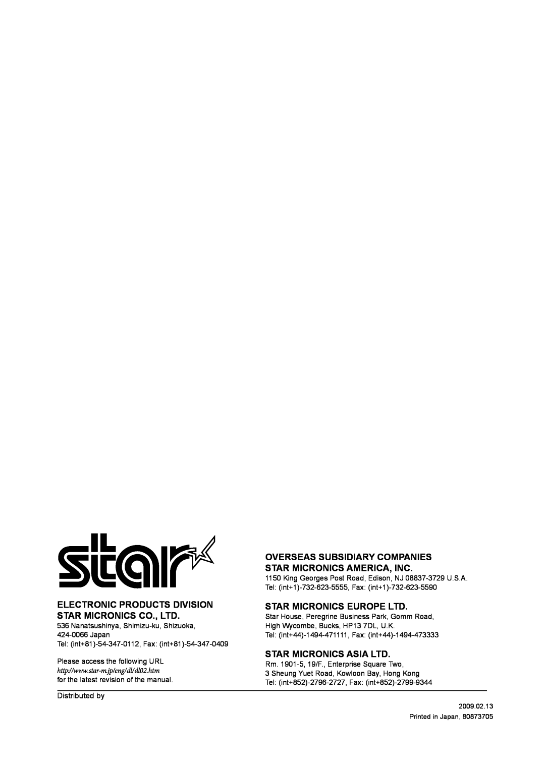 Star Micronics TUP500 technical manual Overseas Subsidiary Companies Star Micronics America, Inc 