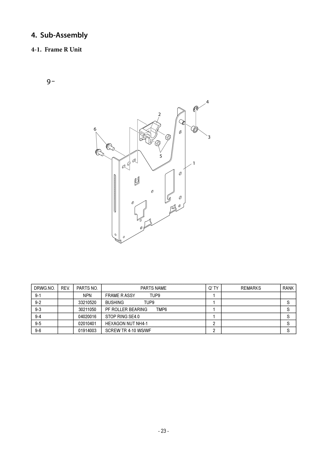 Star Micronics TUP500 technical manual Sub-Assembly, Frame R Unit 